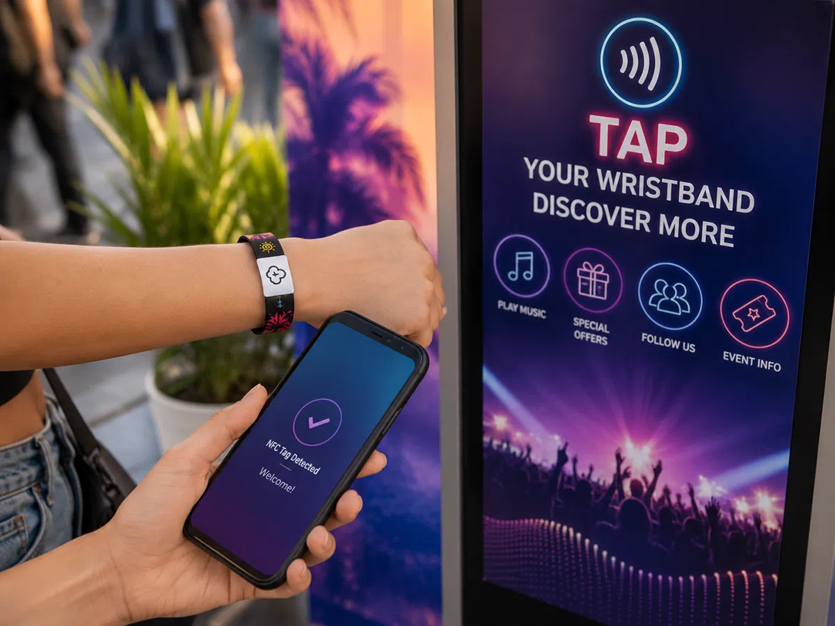 NFC elastic wristband tapped by smartphone for digital content and promotion
