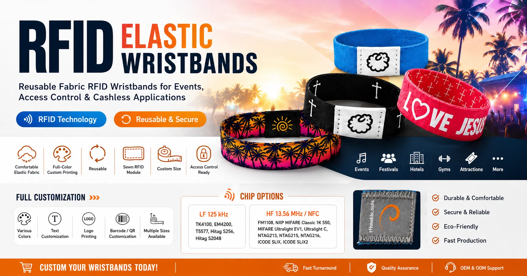 RFID elastic wristbands reusable fabric wristbands for events access control and cashless applications