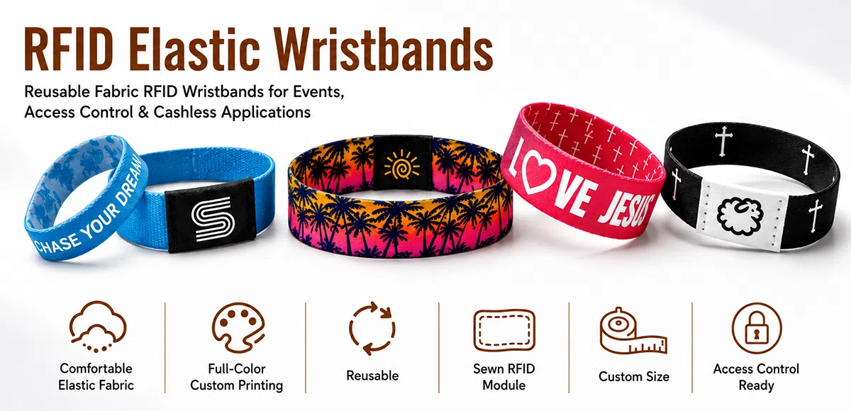 Custom RFID elastic wristbands with full-color logo printing and design options