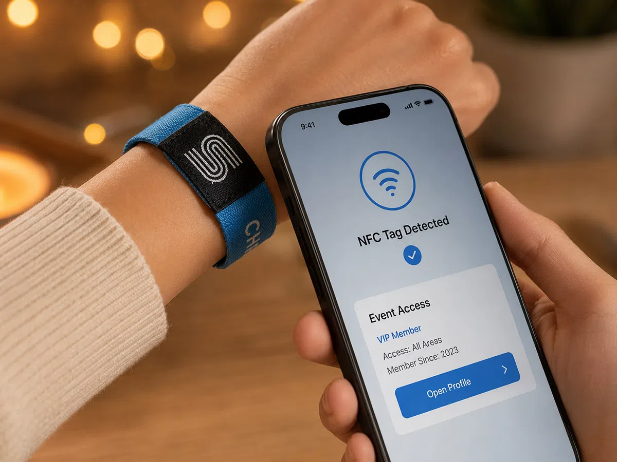 NFC elastic wristband scanned by smartphone for event access