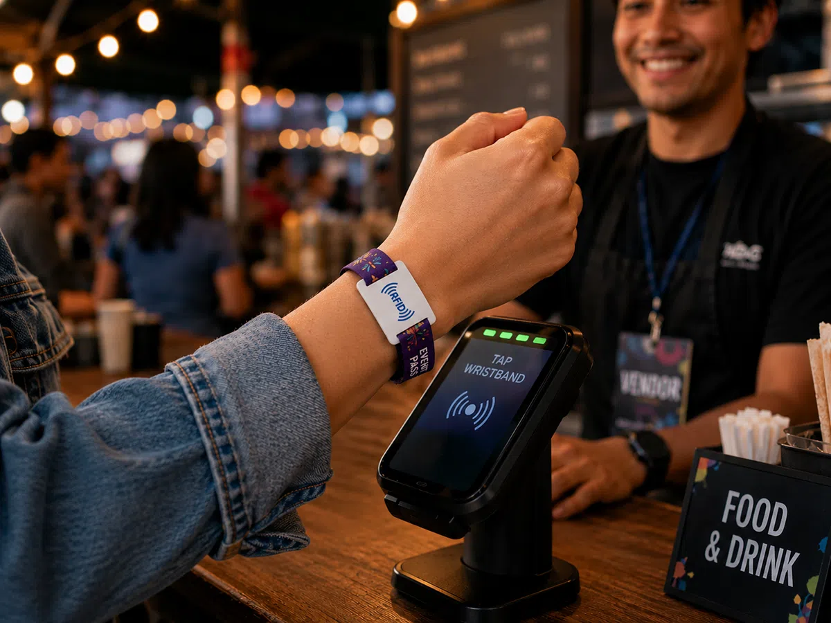 RFID wristband tapped on cashless payment terminal at an event food and drink stall