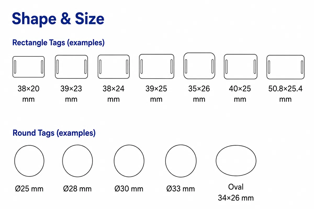RFID wristband tag shape and size options including rectangle and round tags