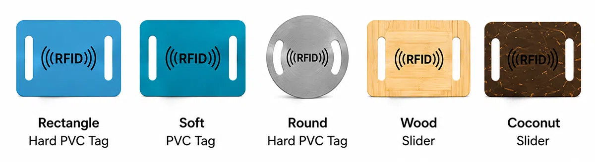 Custom hard PVC, soft PVC, round, wood and coconut-shell RFID tag shapes for fabric wristbands