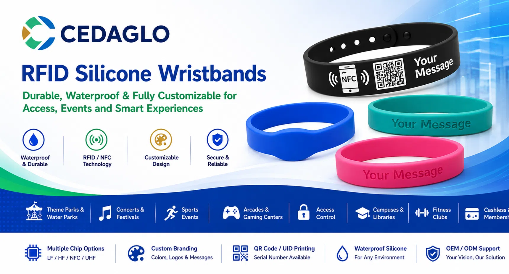 CEDAGLO RFID Silicone Wristbands – durable, waterproof and fully customizable for access, events and smart experiences