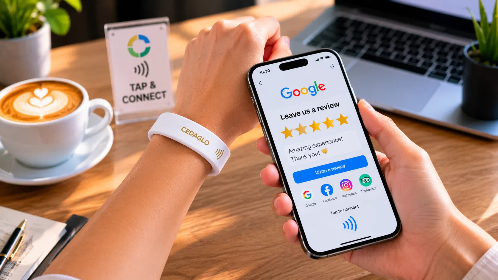 NFC wristband for social media review and digital business card
